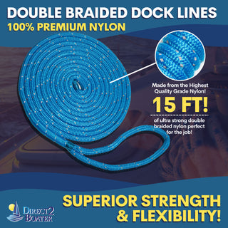 3/8" x 15' Marine Blue REFLECTIVE Double Braided  Nylon Dock Line - For Boats up to 25' - Long Lasting Mooring Rope - Strong Nylon Dock Ropes for Boats - Marine Grade Sailboat Docking Rope