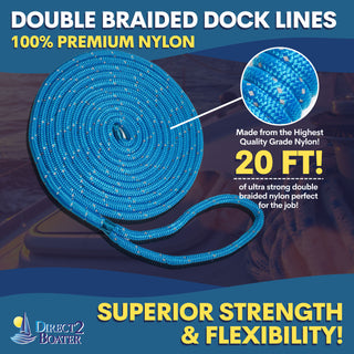 5/8" x 20' Marine Blue (2 Pack) REFLECTIVE Double Braided Nylon Dock Line - For Boats up to 45' - Long Lasting Mooring Rope - Strong Nylon Dock Ropes for Boats - Marine Grade Sailboat Docking Rope