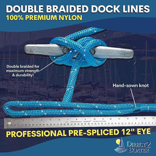 5/8" x 20' Marine Blue (2 Pack) REFLECTIVE Double Braided Nylon Dock Line - For Boats up to 45' - Long Lasting Mooring Rope - Strong Nylon Dock Ropes for Boats - Marine Grade Sailboat Docking Rope