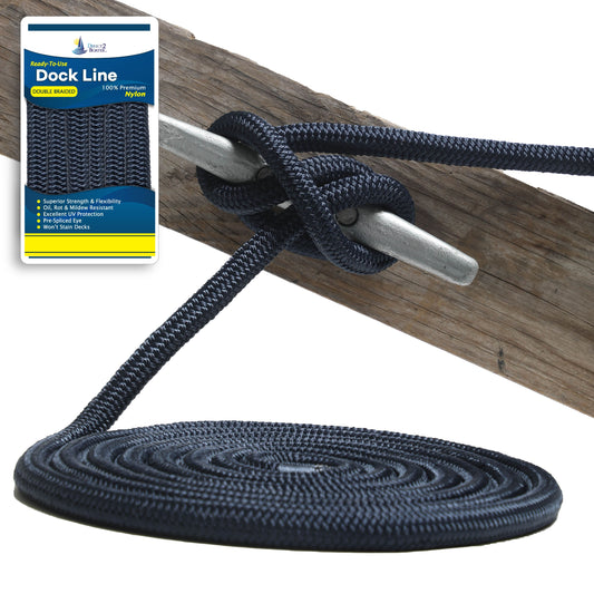 1/2" x 20' - Dark Navy Double Braided 100% Premium Nylon Dock Line - For Boats up to 35' - Long Lasting Mooring Rope - Strong Nylon Dock Ropes for Boats - Marine Grade Sailboat Docking Rope