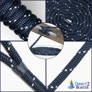 1/2" x 20' Dark Navy - (2 Pack) - REFLECTIVE Double Braided Nylon Dock Line - For Boats up to 35' - Long Lasting Mooring Rope - Strong Nylon Dock Ropes for Boats - Marine Grade Sailboat Docking Rope
