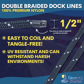 1/2" x 20' Dark Navy - (2 Pack) - REFLECTIVE Double Braided Nylon Dock Line - For Boats up to 35' - Long Lasting Mooring Rope - Strong Nylon Dock Ropes for Boats - Marine Grade Sailboat Docking Rope