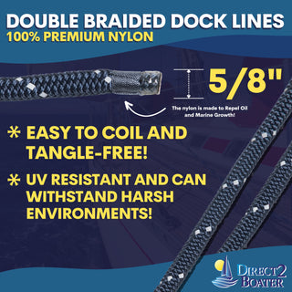 5/8" x 25' Dark Navy - REFLECTIVE Double Braided Nylon Dock Line - For Boats up to 45' - Long Lasting Mooring Rope - Strong Nylon Dock Ropes for Boats - Marine Grade Sailboat Docking Rope