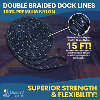 3/8" x 15' Dark Navy - (2 Pack) - REFLECTIVE Double Braided Nylon Dock Line - For Boats up to 25' - Long Lasting Mooring Rope - Strong Nylon Dock Ropes for Boats - Marine Grade Sailboat Docking Rope
