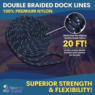 1/2" x 20' Dark Navy - (2 Pack) - REFLECTIVE Double Braided Nylon Dock Line - For Boats up to 35' - Long Lasting Mooring Rope - Strong Nylon Dock Ropes for Boats - Marine Grade Sailboat Docking Rope