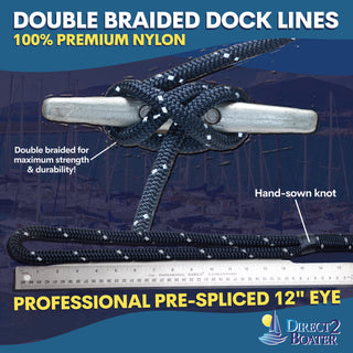 1/2" x 20' Dark Navy - (2 Pack) - REFLECTIVE Double Braided Nylon Dock Line - For Boats up to 35' - Long Lasting Mooring Rope - Strong Nylon Dock Ropes for Boats - Marine Grade Sailboat Docking Rope