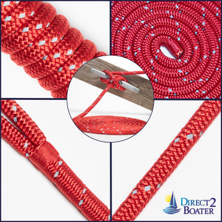 5/8" x 20' Red - REFLECTIVE Double Braided Nylon Dock Line - For Boats up to 45' - Long Lasting Mooring Rope - Strong Nylon Dock Ropes for Boats - Marine Grade Sailboat Docking Rope