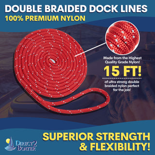 3/8" x 15' - Red - (2 Pack) - REFLECTIVE Double Braided Nylon Dock Line - For Boats Up to 25' - Long Lasting Mooring Rope - Strong Nylon Dock Ropes for Boats - Marine Grade Sailboat Docking Rope