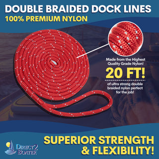 5/8" x 20' Red - REFLECTIVE Double Braided Nylon Dock Line - For Boats up to 45' - Long Lasting Mooring Rope - Strong Nylon Dock Ropes for Boats - Marine Grade Sailboat Docking Rope