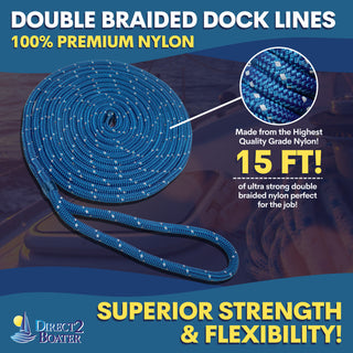 3/8" x 15' - Royal Blue (2 Pack) REFLECTIVE Double Braided Nylon Dock Line - For Boats Up to 25' - Long Lasting Mooring Line - Strong Nylon Dock Lines for Boats - Marine Grade Sailboat Docking Line