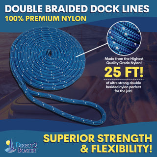 5/8" x 25' Royal Blue - REFLECTIVE Double Braided Nylon Dock Line - For Boats up to 45' - Long Lasting Mooring Rope - Strong Nylon Dock Ropes for Boats - Marine Grade Sailboat Docking Rope