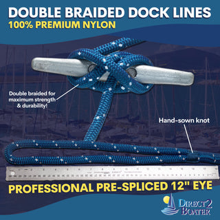 3/8" x 20' Royal Blue - (2 Pack) - REFLECTIVE Double Braided Nylon Dock Line - For Boats up to 25' - Long Lasting Mooring Rope - Strong Nylon Dock Ropes for Boats - Marine Grade Sailboat Docking Rope