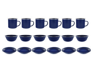 Camping Dinnerware 6-Person Set, 18 Items - 6 ea of 24 oz Mugs, 6" Bowls & 10" Plates Metal w/ Blue Enamel Finish