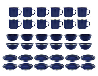Camping Dinnerware 12-Person Set, 36 Items - 12 ea of 24 oz Mugs, 6" Bowls & 10" Plates Metal w/ Blue Enamel Finish