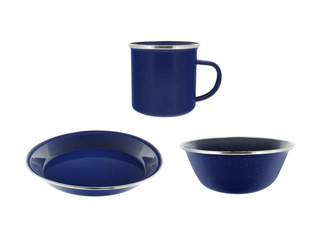 Camping Dinnerware 6-Person Set, 18 Items - 6 ea of 24 oz Mugs, 6" Bowls & 10" Plates Metal w/ Blue Enamel Finish