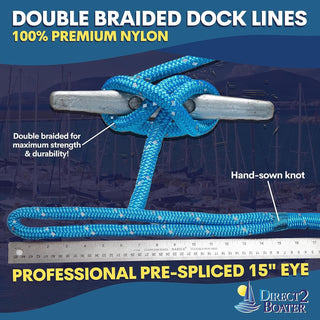 5/8" x 20'  Marine Blue REFLECTIVE Double Braided  Nylon Dock Line - For Boats up to 45' - Long Lasting Mooring Rope - Strong Nylon Dock Ropes for Boats - Marine Grade Sailboat Docking Rope