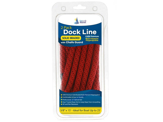 3/8" x 15' - Red - (2 Pack) - Solid Braided Poly Dock Line w/Chafe Guard For Boats up to 25'