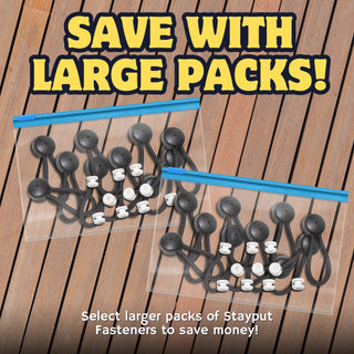 SP-03BW | Stayput Fasteners 6 5/8" Standard Size Black Bungee Shock Cord & Fastener for Boat Canvas (4 Pack) with White Knobs and #10 Stainless Titanium Screws