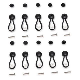 SP-08BW | Stayput Fasteners 6 5/8" Standard Size Black Bungee Shock Cord & Fastener for Boat Canvas (10 Pack) with White Knobs and #10 Stainless Titanium Screws