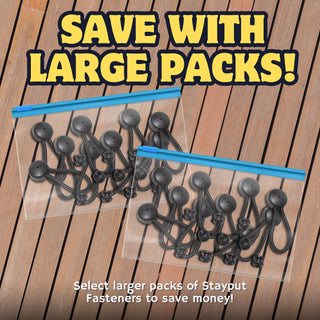 SP-02B | Stayput Fasteners 6 5/8" Standard Size Black Bungee Shock Cord & Fastener for Boat Canvas (4 Pack) with Knobs and #10 Stainless Titanium Screws