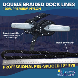 1/2" x 20' Black (2 Pack) REFLECTIVE Double Braided Nylon Dock Line - For Boats up to 35' - Long Lasting Mooring Rope - Strong Nylon Dock Ropes for Boats - Marine Grade Sailboat Docking Rope