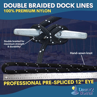 1/2" x 20'  Black REFLECTIVE Double Braided Nylon Dock Line - For Boats up to 35' - Long Lasting Mooring Rope - Strong Nylon Dock Ropes for Boats - Marine Grade Sailboat Docking Rope