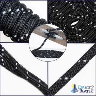 1/2" x 20' Black (2 Pack) REFLECTIVE Double Braided Nylon Dock Line - For Boats up to 35' - Long Lasting Mooring Rope - Strong Nylon Dock Ropes for Boats - Marine Grade Sailboat Docking Rope