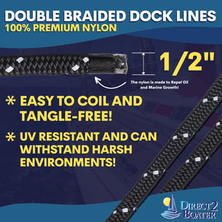 1/2" x 20' Black (2 Pack) REFLECTIVE Double Braided Nylon Dock Line - For Boats up to 35' - Long Lasting Mooring Rope - Strong Nylon Dock Ropes for Boats - Marine Grade Sailboat Docking Rope