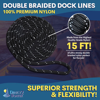 3/8" x 15' Black REFLECTIVE Double Braided  Nylon Dock Line - For Boats up to 25' - Long Lasting Mooring Rope - Strong Nylon Dock Ropes for Boats - Marine Grade Sailboat Docking Rope