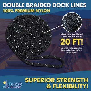 1/2" x 20' Black (2 Pack) REFLECTIVE Double Braided Nylon Dock Line - For Boats up to 35' - Long Lasting Mooring Rope - Strong Nylon Dock Ropes for Boats - Marine Grade Sailboat Docking Rope