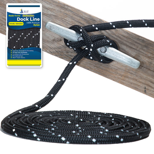 1/2" x 15'  Black REFLECTIVE Double Braided Nylon Dock Line - For Boats up to 35' - Long Lasting Mooring Line - Strong Nylon Dock Lines for Boats - Marine Grade Sailboat Docking Line