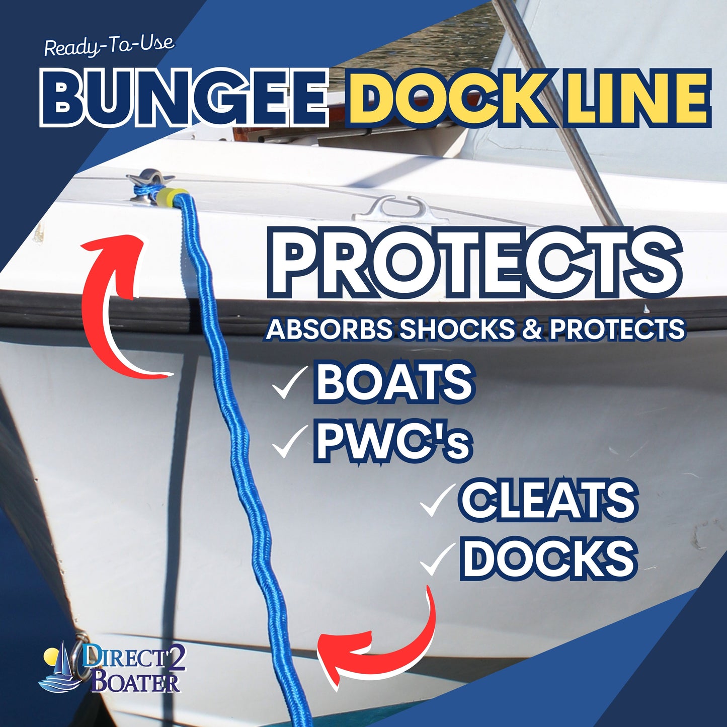 4' Bungee Dock Line - Blue - Stretches to 5.5' - Ideal for Boats, PWC, Jet Ski, Dinghy, Kayak & Pontoon up to 4000#