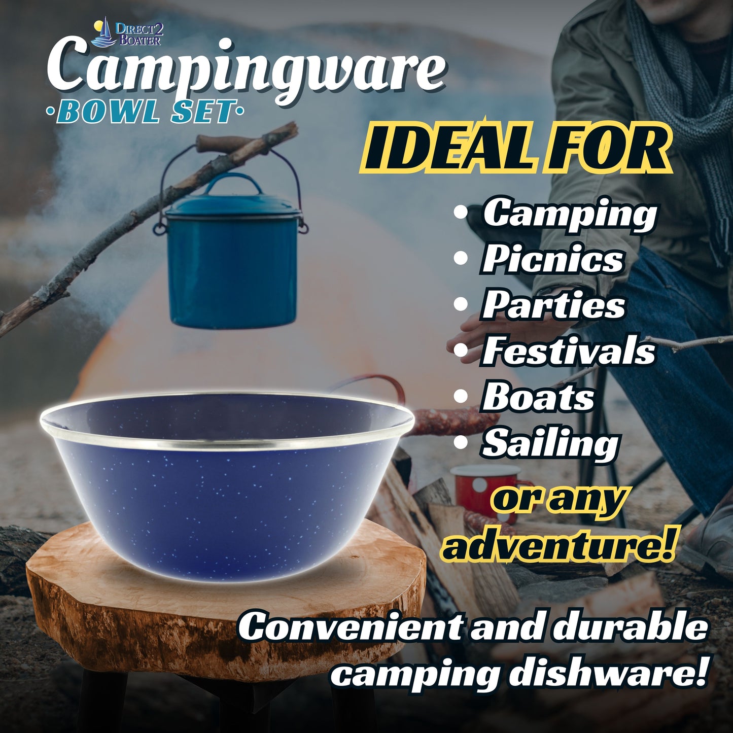 6" Enamel Camping Bowl - 4 Pack Metal Camping Bowl with Blue Enamel Finish - For Camping, Hiking & Picnics