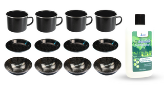 Camping Dinnerware Set with Camp Soap - 4-Person Set, 13 Items -  4 ea of 16 oz Mugs, 7.5" Bowls & 10" Plates Metal w/ Black Enamel Finish