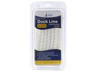 3/8' x 15' White 3 Strand Twisted Nylon Dock Line - For Boats up to 25' -  Sold Individually