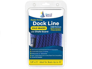 5/8" x 25' Blue Solid Braided Poly Dock Line w/ Chafe Guard For Boats up to 45' - Sold Individually