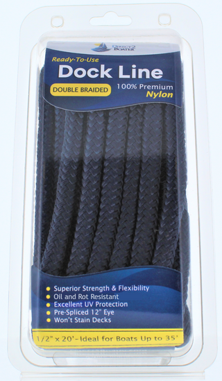 1/2" x 20' - Dark Navy Double Braided 100% Premium Nylon Dock Line - For Boats up to 35' - Long Lasting Mooring Rope - Strong Nylon Dock Ropes for Boats - Marine Grade Sailboat Docking Rope