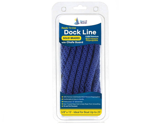 3/8" x 15' - Blue - (2 Pack) - Solid Braided Poly Dock Line w/ Chafe Guard For Boats up to 25'