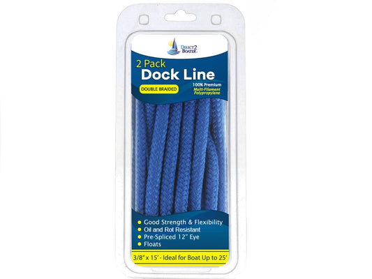 3/8" x 15' - Blue - (2 Pack) - Double Braided Polypropylene Dock Line - For Boats up to 25'