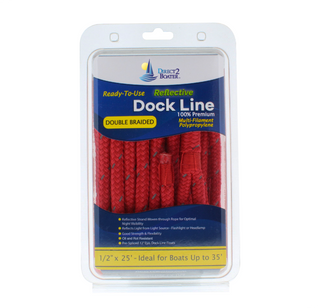 1/2" x 25' Red REFLECTIVE Double Braided Poly Dock Line - For Boats up to 35' - Long Lasting Mooring Rope - Strong Nylon Dock Ropes for Boats - Marine Grade Sailboat Docking Rope