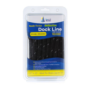 1/2" x 25' Black REFLECTIVE Double Braided Poly Dock Line  - For Boats up to 35' - Long Lasting Mooring Rope - Strong Nylon Dock Ropes for Boats - Marine Grade Sailboat Docking Rope