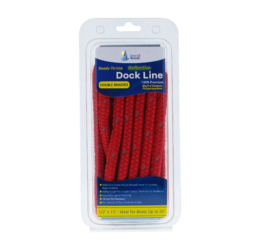 1/2" x 15' Red - (2 Pack) - REFLECTIVE Double Braided Poly Dock Line - For Boats up to 35' - Long Lasting Mooring Rope - Strong Nylon Dock Ropes for Boats - Marine Grade Sailboat Docking Rope