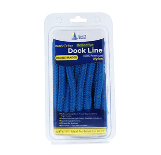 3/8" x 15' Marine Blue REFLECTIVE Double Braided  Nylon Dock Line - For Boats up to 25' - Long Lasting Mooring Rope - Strong Nylon Dock Ropes for Boats - Marine Grade Sailboat Docking Rope