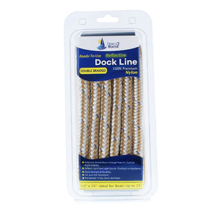 1/2" x 15' Gold/White - (2 Pack) - REFLECTIVE Double Braided Nylon Dock Line - For Boats up to 35' - Long Lasting Mooring Rope - Strong Nylon Dock Ropes for Boats - Marine Grade Sailboat Docking Rope