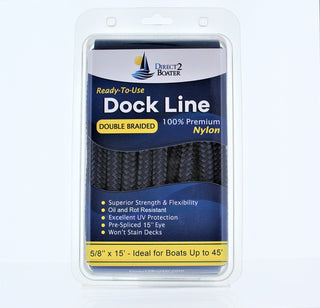 5/8" x 15' - Dark Navy Double Braided 100% Premium Nylon Dock Line - For Boats Up to 45' - Long Lasting Mooring Rope - Strong Nylon Dock Ropes for Boats - Marine Grade Sailboat Docking Rope