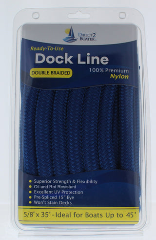 5/8" x 35' - Royal Blue Double Braided 100% Premium Nylon Dock Line - For Boats Up to 45' - Long Lasting Mooring Rope - Strong Nylon Dock Ropes for Boats - Marine Grade Sailboat Docking Rope