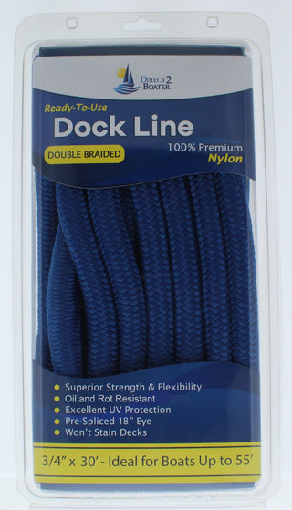 3/4" x 30' - Royal Blue Double Braided 100% Premium Nylon Dock Line - For Boats Up to 55' - Long Lasting Mooring Rope - Strong Nylon Dock Ropes for Boats - Marine Grade Sailboat Docking Rope