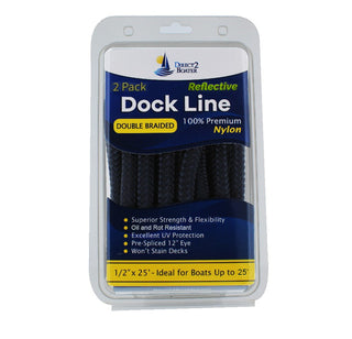 1/2" x 25' Dark Navy - (2 Pack) - REFLECTIVE Double Braided Nylon Dock Line - For Boats up to 35' - Long Lasting Mooring Rope - Strong Nylon Dock Ropes for Boats - Marine Grade Sailboat Docking Rope