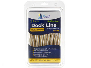 1/2" x 25' Gold/White - (2 Pack) - REFLECTIVE Double Braided Nylon Dock Line - For Boats up to 35' - Long Lasting Mooring Rope - Strong Nylon Dock Ropes for Boats - Marine Grade Sailboat Docking Rope