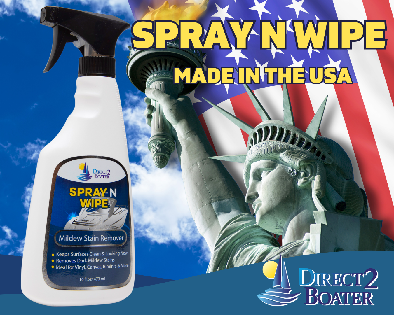 Spray N Wipe Mildew Stain Remover for Vinyl, Cushions, Canvas, Bimini's & Outdoor Umbrellas 16 fl oz By Direct 2 Boater